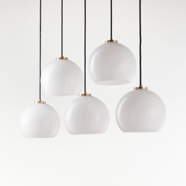Arren Brass Linear 5-Light Pendant with Milk Round Shades