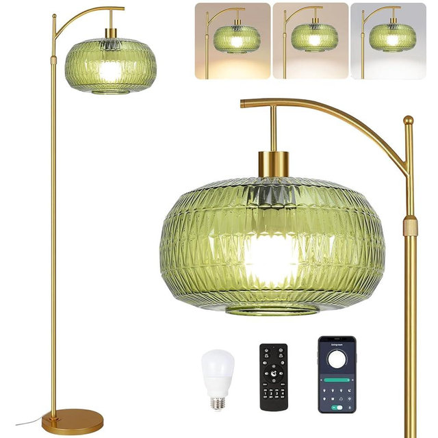 QIYIZM Green Floor Lamp for Living Room,Bedroom,Gold Dimmable Standing Lamp with Remote,Mid Century Modern Brass Tall Lamp Boho Floor Lamps Arc Stained Glass Floor Light Lamp Girls Bohemian