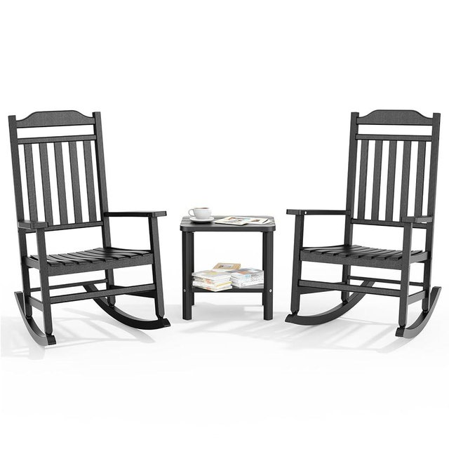 GYMHILL 3 Piece Outdoor Rocking Bistro Set, Rocking Chairs Outdoor Furniture, Resin Waterproof Sun-Proof Patio Furniture Set for Garden, Pool, Backyard（3, Black）