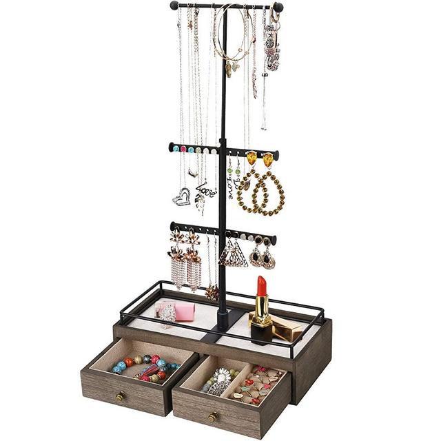 Keebofly Jewelry Organizer Metal & Wood Basic Storage Box - 3 Tier Jewelry Stand for Necklaces Bracelet Earrings Ring Weathered Grey