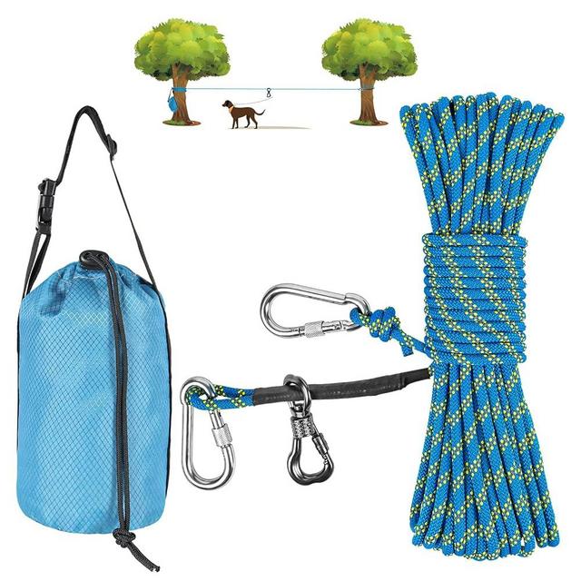 XiaZ Dog Tie Out Cable for Camping, 100ft Portable Overhead Trolley System for Dogs up to 200lbs，Dog Lead for Yard, Camping, Parks, Outdoor Events,5 min Set-up Blue