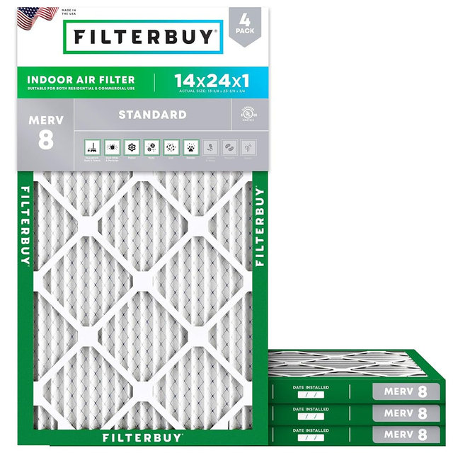 Filterbuy 14x24x1 Air Filter MERV 8 Essential Dust & Allergy Defense (4-Pack), Electrostatic Pleated HVAC AC Furnace Filters Replacement, Made in USA (Actual Size: 13.38 x 23.38 x 0.75)