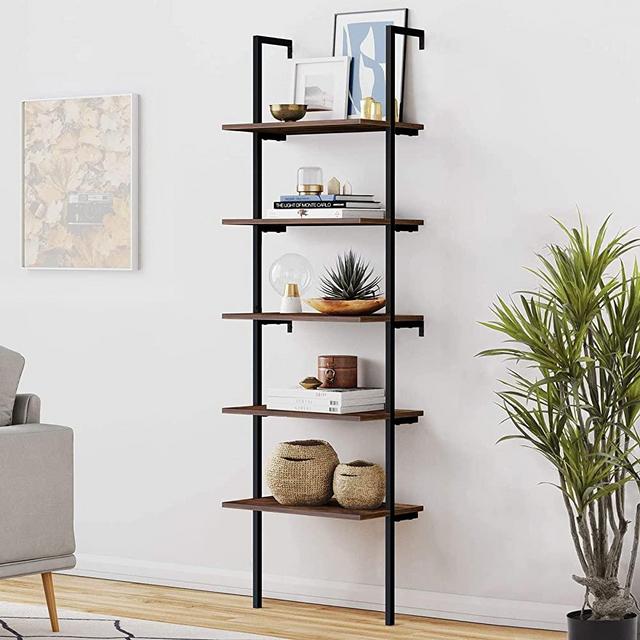 Viewee 5-Tier Wood Wall-Mounted Bookcase, Industrial Ladder Shelf with Metal Frame, 72 Inches 5-Tier Storage Rack Shelves Bookshelf Wall for Home Office