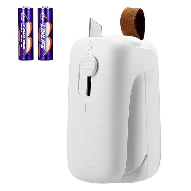 KeeKit Mini Bag Sealer, 2 in 1 Heat Sealer and Cutter, Handheld Bag Heat Vacuum Sealers, Sealing Machine Portable for Plastic Bags, Snack Fresh Bag, Food Storage (Battery Included) - White