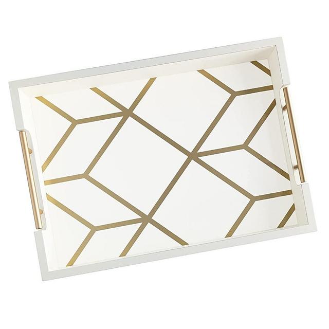White & Gold Coffee Table Serving Tray with Handles - 16.5 x 12 - Wooden Decorative Ottoman Tray for Serving Food