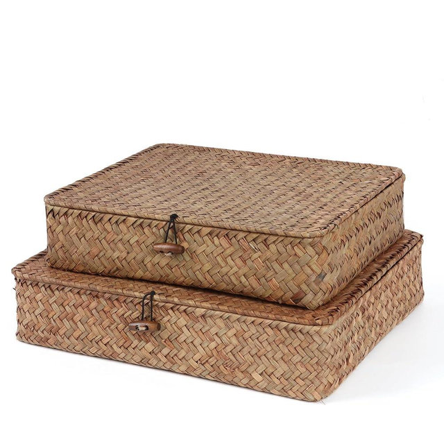 Moosky Flat Wicker Shelf Baskets with Lid, Handwoven Seagrass Basket Boxes for Storage Baskets Bins Home Decor Organizer (Coffee Set of 2)