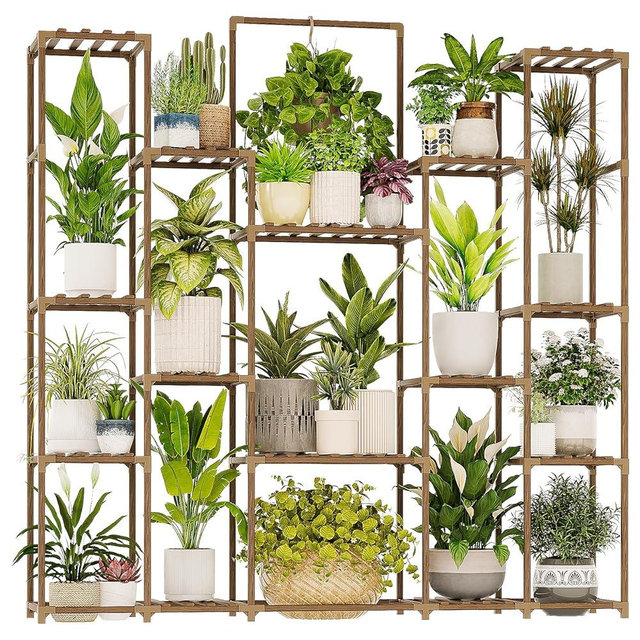 Bamworld Large Plant Shelf Plant Stand Indoor Hanging Tall Outdoor Plant Holder Wood for Multiple Plants Plant Rack for Living Room Garden Balcony Flower 17 Pots Wide