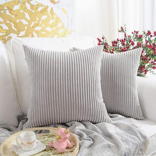 MERNETTE Pack of 2, Corduroy Soft Decorative Square Throw Pillow Cover Cushion Covers Pillowcase, Home Decor Decorations for Sofa Couch Bed Chair 20x20 Inch/50x50 cm (Striped Light Grey)
