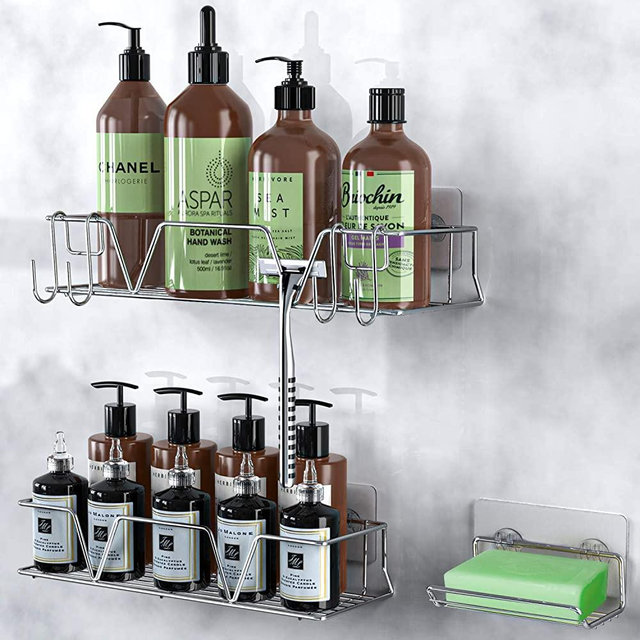 HEAPANY Shower Caddy Bathroom Organizer,Adhesive Shower Basket Shelf Soap Dish Holder,Rustproof SUS304 Stainless Steel Kitchen Organization Rack with Hooks,No Drilling Wall Mounted -3 Pack