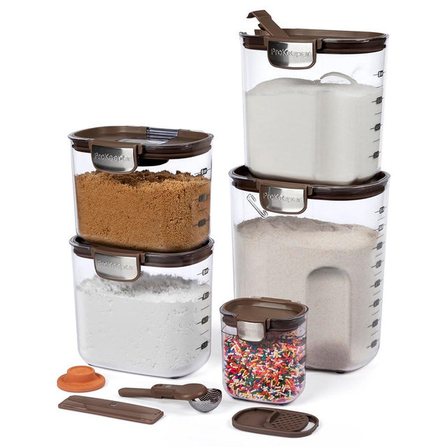 ProKeeper+ Airtight Food Storage Container Set – Clear Plastic Flour and Sugar Canister Set with Magnetic Accessories for Kitchen Organization (Brown, 9-Piece)