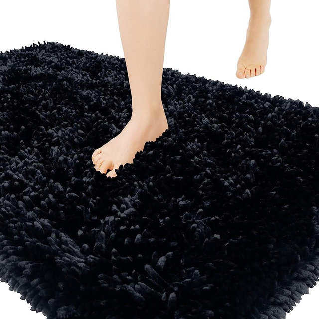 Yimobra Luxury Chenille Bath Rugs, Extra Soft and Absorbent Shaggy Bathroom Mat, Machine Washable, Non-Slip Plush Rugs Carpet for Tub, Shower Bath Room, 24 x 17 Inches, Black