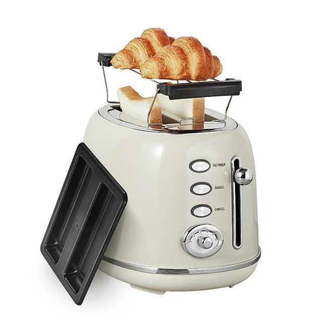 Wiltal Toaster Retro 2 Slice, Vintage White Toaster with Lid, with Bread Attachment, Preheat, Defrost And Cancel Functions, 6 Browning Levels (Beige)