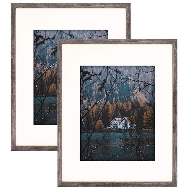 Frametory, Frame with Ivory Mat for Photo - Smooth Wood Grain Finish - Sawtooth Hangers, Real Glass - Landscape/Portrait, Wall Display (Grey, 16x20 Frame for 11x14 Photo, 2-Pack)