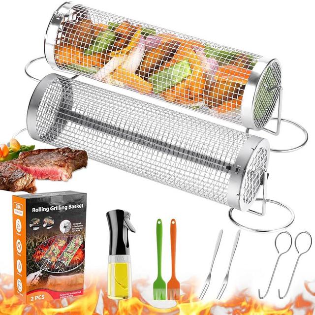 Rolling Grill Baskets for Outdoor Grilling : 2 Pcs Stainless Steel Grill Mesh, Rolling Grill Baskets for Outdoor Grill, Portable Grill Nets Cylinder for Shrimp, Meat Barbecue Camping Picnic with Forks
