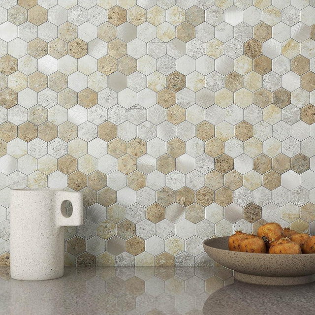 MOFIT Hexagon Peel and Stick Backsplash Tiles Kitchen,Self-Adhesive Metal and Marble Honeycomb Peel and Stick Wall Tiles Sticker Mosaic Heat Resistant(Castle Brown,10sheets)