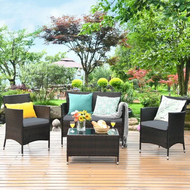 Costway 4PCS Outdoor Patio Rattan Furniture Set Table Shelf Sofa W/ Gray Cushions