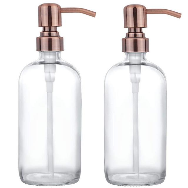 2 Pack Thick Clear Glass Pint Jar Soap Dispenser with Copper Stainless Steel Pump, 16ounce Clear Boston Round Bottles Dispenser with Rustproof Pump for Essential Oil, Lotions Soap