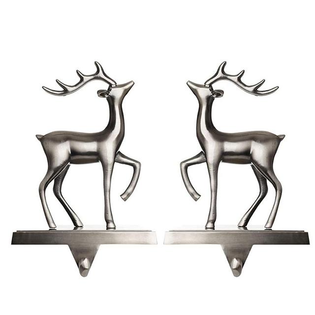 Klikel Stocking Holder Set of 2 - Christmas Reindeer Stocking Hanger for Mantel - Shiny Silver Metal Deer Christmas Stocking Holder for Fireplace Mantle - Heavy Stocking Holder for Mantle with Hook
