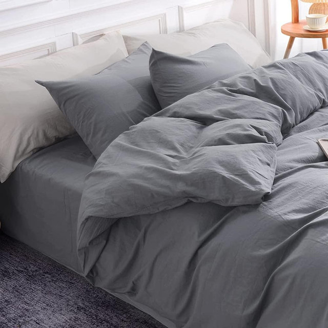 NEXHOME PRO Cotton Duvet Cover Queen Size Linen Look Textured Organic Natural 100% Washed Cotton Duvet Cover 3 Pieces Bedding Set with Zipper Closure, Breathable, Soft, Grey (No Comforter)