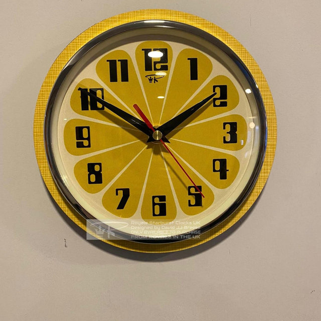Colour Etched Formica Caravan Kitchen Wall Clock from Royale Midcentury Atomic Jetsons Retro style in Honeydew Yellow Face 14