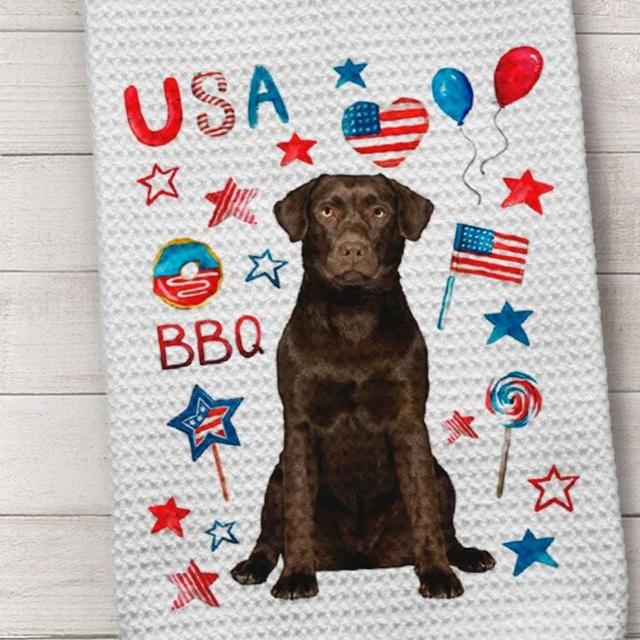 Dog Towel, Chocolate Lab Towel, Labrador Towel, 4th of July Lab, Chocolate Labrador, Kitchen Towel, Dog Kitchen Towel, Waffle Weave Towel