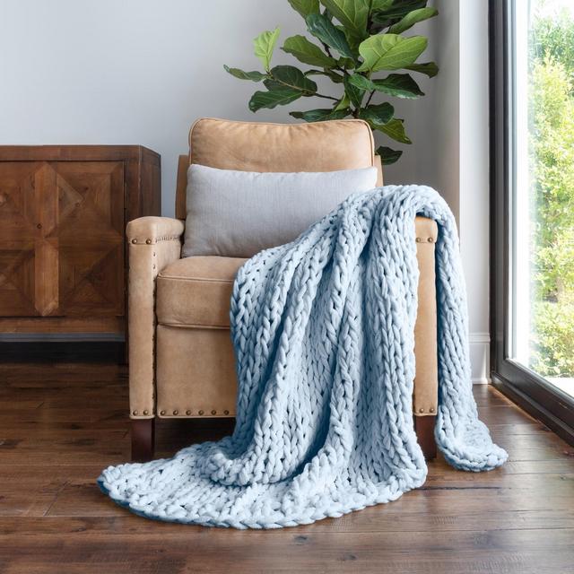 Chunky Knit Handmade Throw Blanket - Becky Cameron, Light Blue