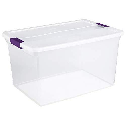Sterilite 17571706 66 Quart/62 Liter ClearView Latch Box, Clear Lid & Base w/ Sweet Plum Latches, 6-Pack