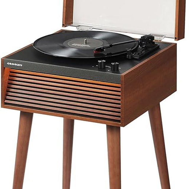 Crosley CR6237A-NA Dean 3-Speed Bluetooth in/Out Vinyl Record Player Turntable with Built-in Speakers, LED Lights and Detachable Legs, Natural