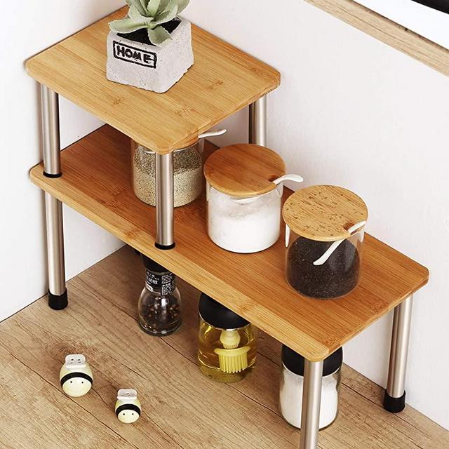 Corner Shelf 2 Tier Storage Shelves-Bamboo Adjustable Spice Rack Riser,Standing Counter top Cabinet Display Shelf-Creative Space Saving Organizer