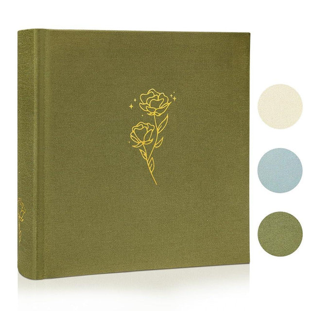 Kuword Premium Linen Fabric Rose Photo Album 4x6 Pictures 200 Pockets Wedding Memory Book with Writing Space Photo Organizer for Family Baby Anniversary-Olive