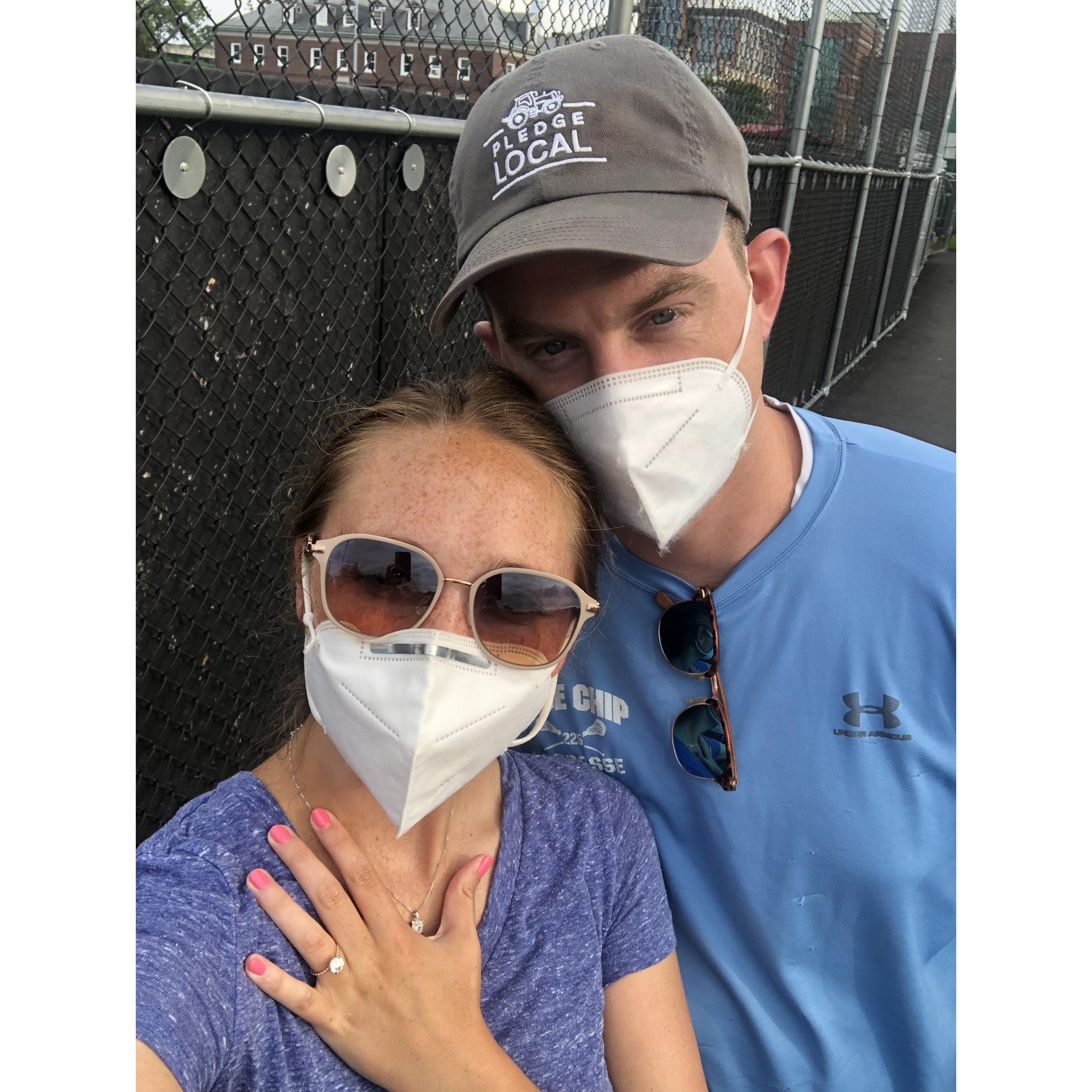 Masked up for our walk around Hoboken to FaceTime friends and family to show off the bling and share the big news! July 24, 2020