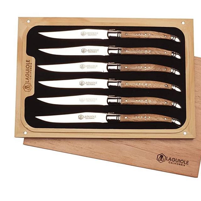 Laguiole California Steak Knives - 6 Piece Naturalwood Set - Ergonomic Handles - Stored in a California Oakwood Gift Box - Extremely Sharp Straight Steel Blades are Thick Gauge, Full Tang