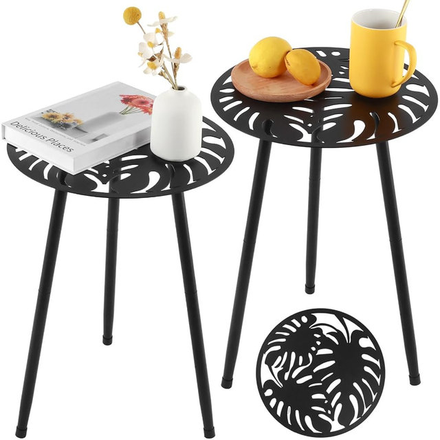 Metal Outdoor Side Tables Set of Two Small Outside Round End Table for Patio Modern Accent Garden Corner Table for Small Spaces, Balcony, Porch, Weather-Resistant, Plant Stand Indoor, Black