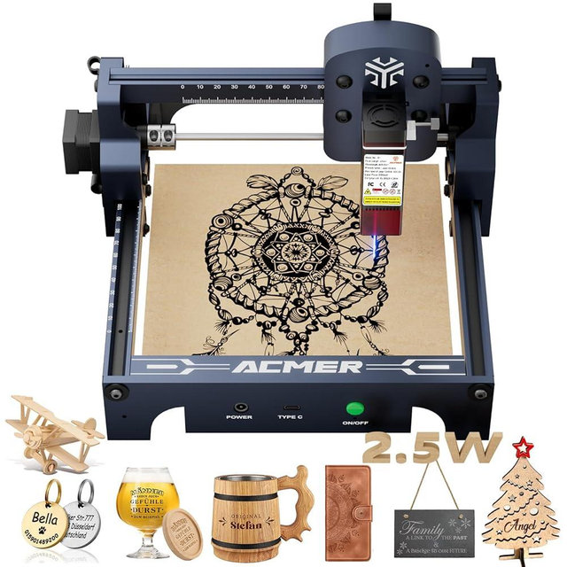 ACMER S1 Laser Engraver, 2500mW Laser Engraver Machine Higher Accuracy Wood Cutter and Engraving Machine with Working Area 130x130mm,0.04mm Laser Spot for Wood Acrylic Metal Glass