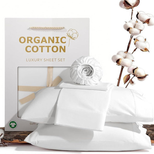 SONORO KATE 100% Organic Cotton Sheets Set - 1000 High Thread Count, GOTS Certified Long Staple Cotton Bed Sheets, Soft, Breathable 5-Star Hotel Sheets, 16" Deep Pockets - 4 PC (White,King)