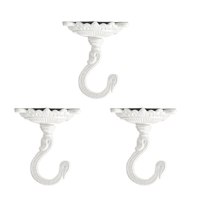Sungmor Heavy Duty Ceiling Hooks - 3PC White Cast Iron Antique Decorative Hooks for Hanging Plants, Planters, Wind Chimes, Lanterns