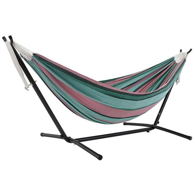 Vivere Double Cotton Hammock with Space Saving Steel Stand (450 lb Capacity - Premium Carry Bag Included) (Watermelon)