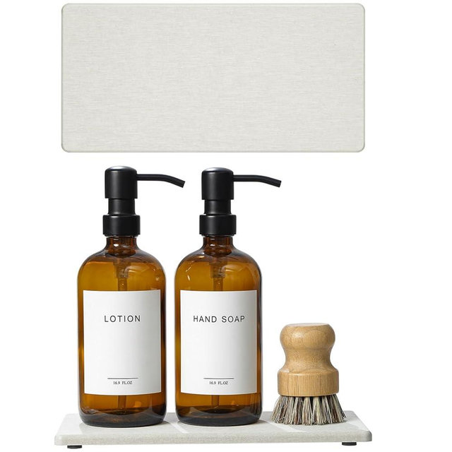 2PCS 10"x 5" Large Bathroom Sink Vanity Trays, Water Absorbing Diatomite Stone Quick Drying Mat for Kitchen Counter, Dish Rack Dispensers Sponge Holder Caddy Organizer, Beige, 10"x 5"