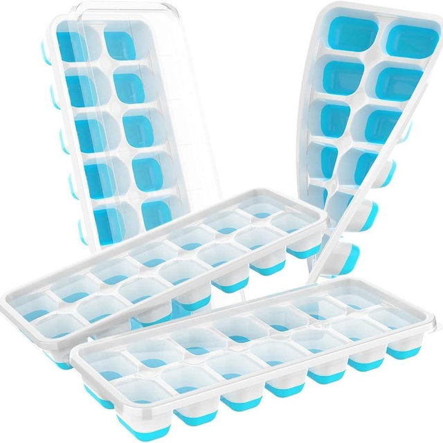 Ice Cube Tray with Lid, 4 Pack Durable Stackable Ice Cube Trays for Freezer with Removable Lids, Easy-Release Plastic & Silicone Ice Tray for Cocktail, Coffee