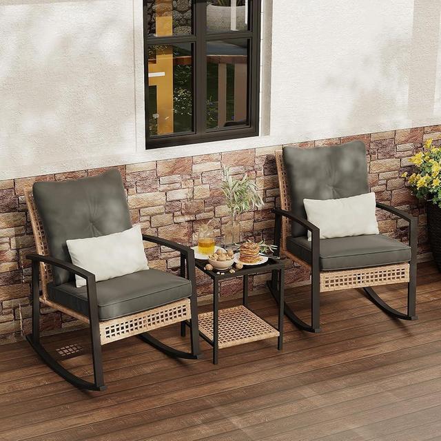 Rotihom 3 Piece Patio Rocking Chairs Set of 2, Outdoor Rocking Chair Bistro Set with Tempered Glass Coffee Table and Thick Lumbar Pillow Set, Front Porch Chairs for Garden, Backyard (Gray Cushion)