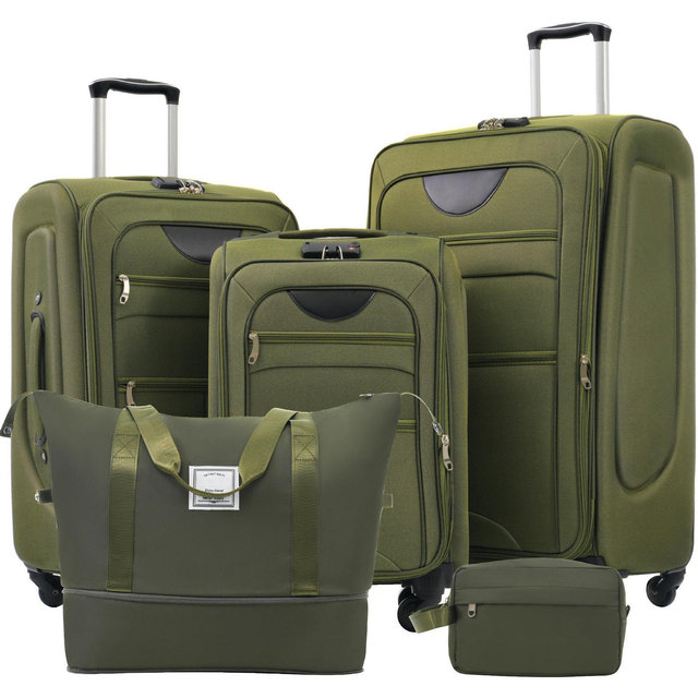 5 PCS Expandable Luggage Set, Softside Lightweight Spinner Suitcase with Duffel Bag, Tolietry Bag and TSA Lock, Army Green - ModernLuxe