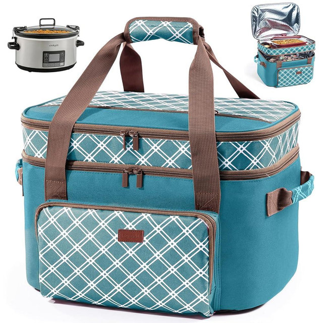 Double Layer Slow Cooker Carrier Bag – Fits 6–8 Qt Oval Slow Cooker Compatible with CrockPot & Hamilton Beach | Insulated Travel Tote with Utensil Storage & Adjustable Straps