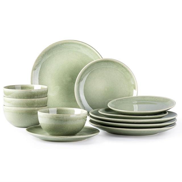 AmorArc Ceramic Dinnerware Sets for 4, 12 Pieces Handpainted Plates and Bowls Set, Scratch Resistant Stoneware Dishes Set, Dishwasher & Microwave Safe, Olive Green