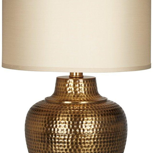 Franklin Iron Works Maison Loft Rustic Farmhouse Table Lamp 27" Tall Hammered Antique Brass Cream Linen Drum Shade for Living Room Bedroom Bedside Nightstand Office Family Traditional