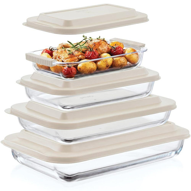 Pexo 8 Piece Glass Baking Dish Set with Lids, With Silicone Handles for Easy Grip (1.06QT, 1.69QT, 2.32QT, 3.17QT), Clear Glass Casserole Dishes for Oven, Airtight Lids, Glass Bakeware, Freezer, Oven, and Dishwasher safe (White)