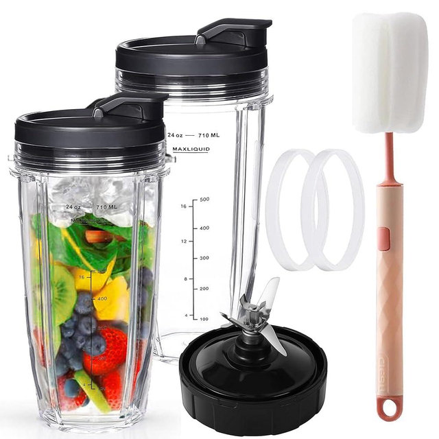 Ninja Blender Cups Replacement, 24oz Ninja Blender Cups with To-Go Lids, 7 Fins Extractor Blade, Compatible with Nutri Auto iQ Blenders BL2012 BN801 BL480-30 BL640-30 BL642-30 NN100-30 BL450