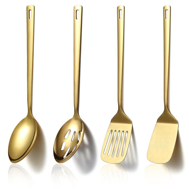 Homquen Gold Kitchen Utensils Set 4pcs, Titanium Gold Plating Stainless Steel Cooking Utensils Set, Kitchen Tools Spatulas Set, Cooking Spoons, Home Essentials Kitchen Gadgets Accessories