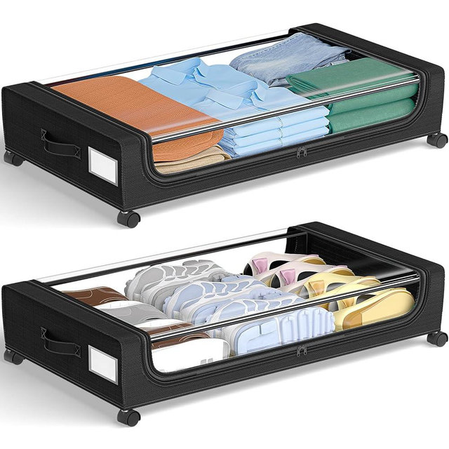 GoMaihe Under Bed Storage with Wheels: XXL 48L Underbed Storage Containers with Clear Lids - Rolling Drawers & Bins for Shoes Clothes in Dorm Bedroom - Space-Saving Easy Pull-out Black 2-Pack
