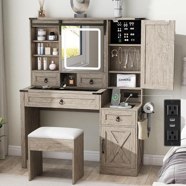 GlouMod Farmhouse Makeup Vanity Desk with Sliding Mirror and Lights, 42" Glass Top Vanity Table with Charging Station & 4 Drawers & 2 Cabinets, Vintage Vanity Set for Bedroom, Driftwood Gray