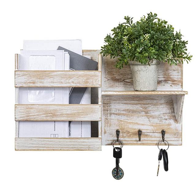 Besti Rustic Mail Organizer, Car Key Holder, and Wooden Wall Shelf, Floating Mount for Hallways, Entryways or Kitchen, Vintage Country Farmhouse Decoration